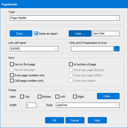 Band properties dialog. You can change the type of band, font, color, links to other bands, and print position,
